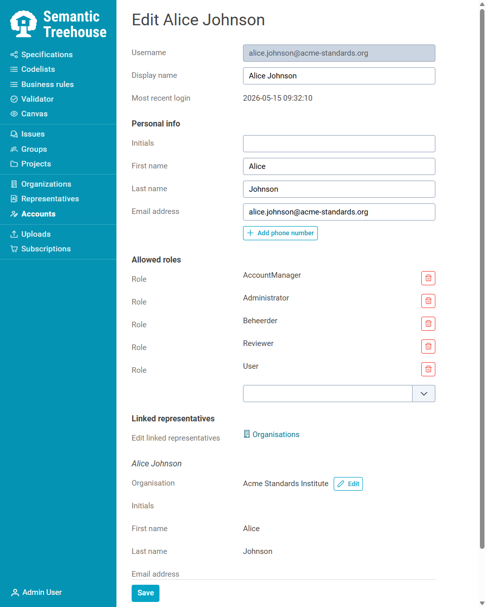 Edit account form showing profile fields, assigned roles, and linked representatives
