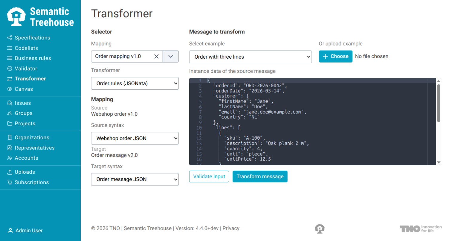 The Transformer screen with a mapping selected and an example message loaded